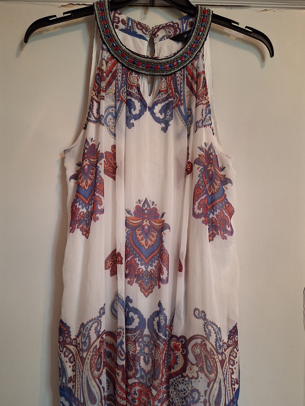 Ali Miles Womens Paisley Chiffon Embellished Beaded Neck Swing Top Sz L Bohemian